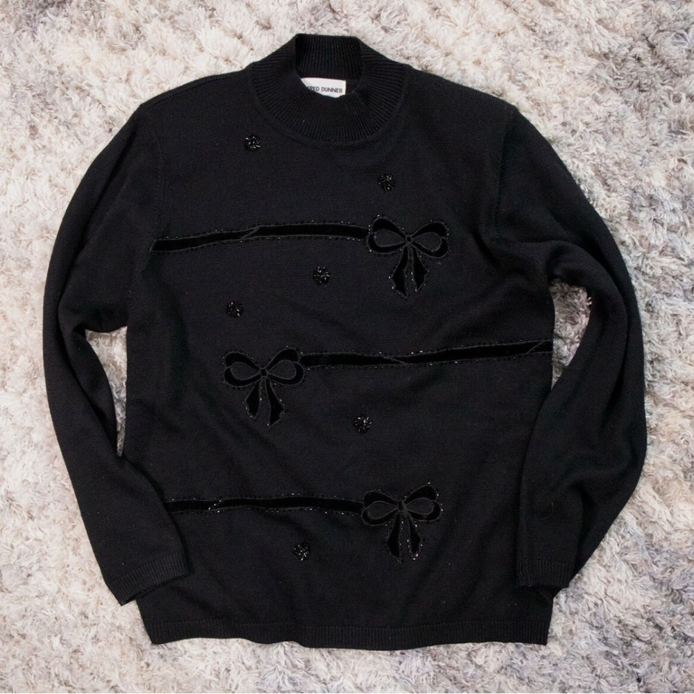 Vintage Alfred Dunner Sweater Beaded Embroidered Black Holiday Bow Sweater Large